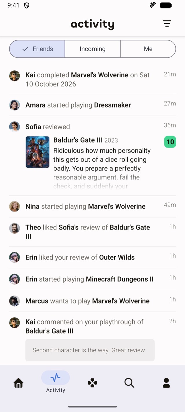 Friends’ recent activity, with completed games, reviews, likes and comments