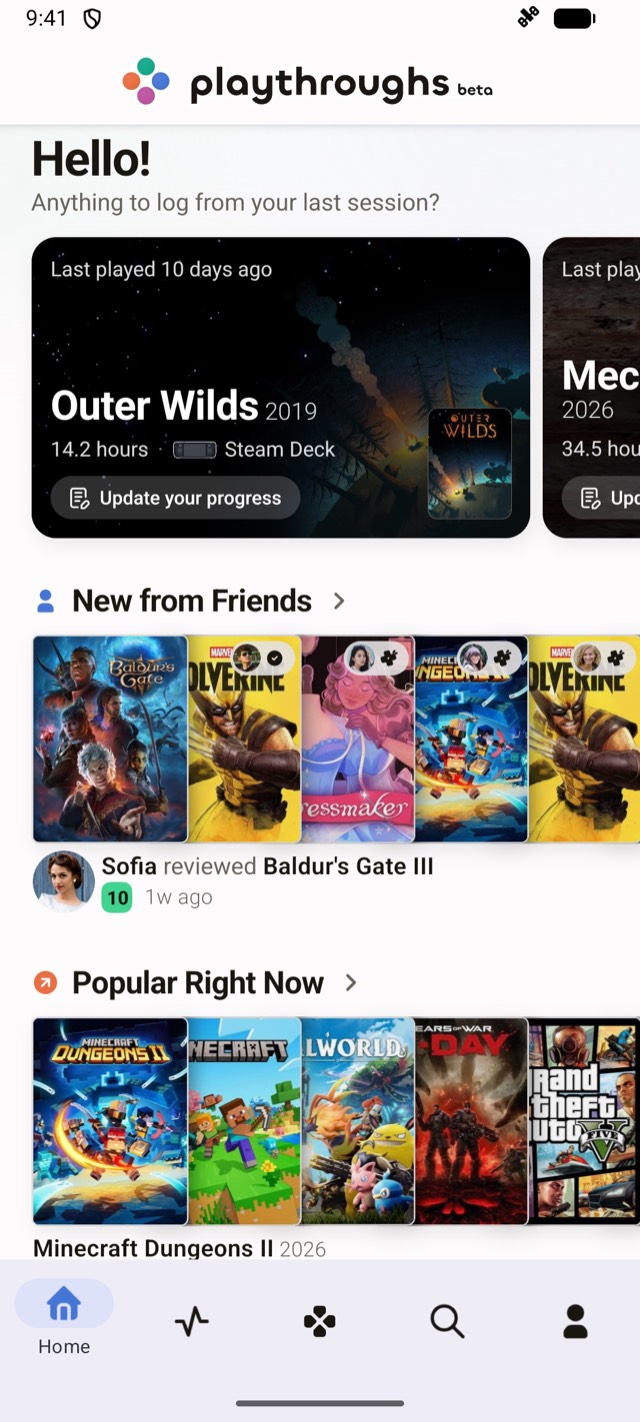 Playthroughs Home on Android, with currently playing games and New from Friends