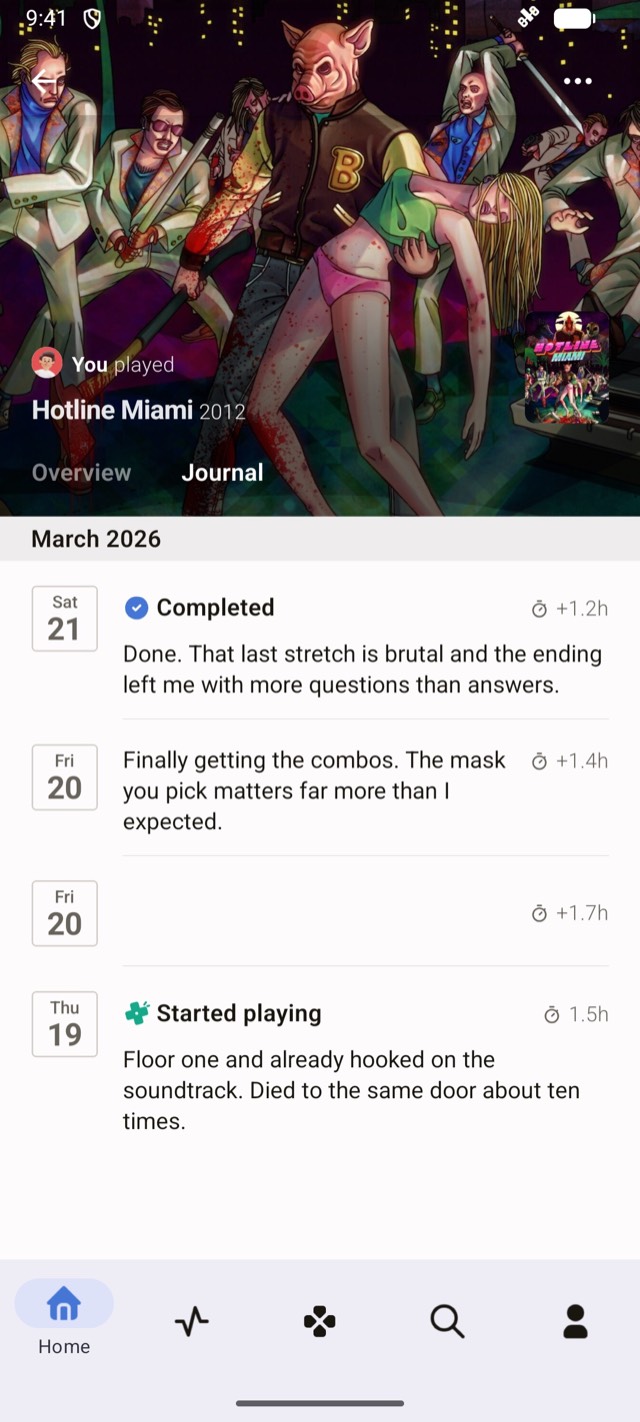 A playthrough journal with dated sessions, notes and playtime