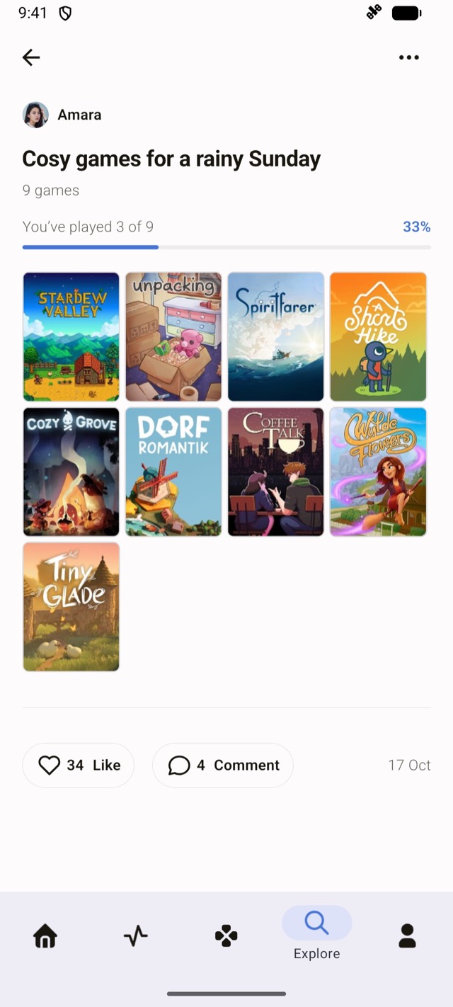 A list called Cosy games for a rainy Sunday, with progress through its games