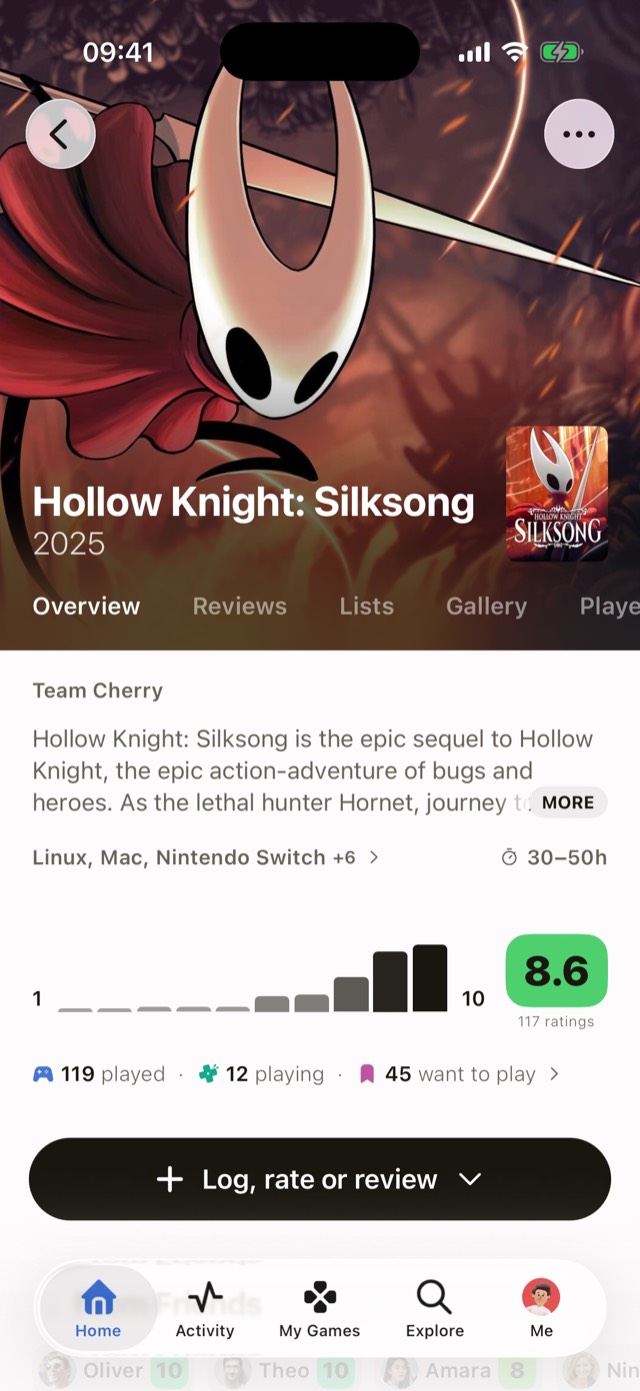 A Hollow Knight: Silksong game page on iPhone, with community ratings and the Log, rate or review button