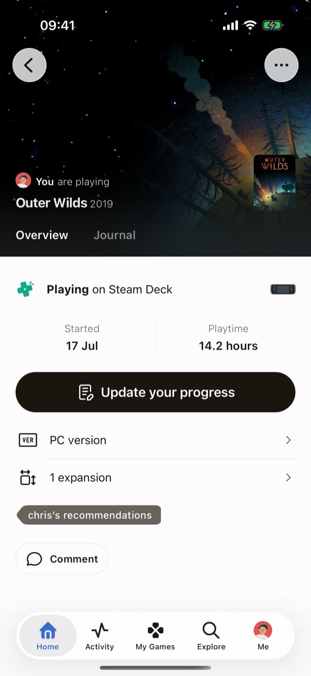 An Outer Wilds playthrough in Playthroughs, showing playing status, recorded playtime and progress controls
