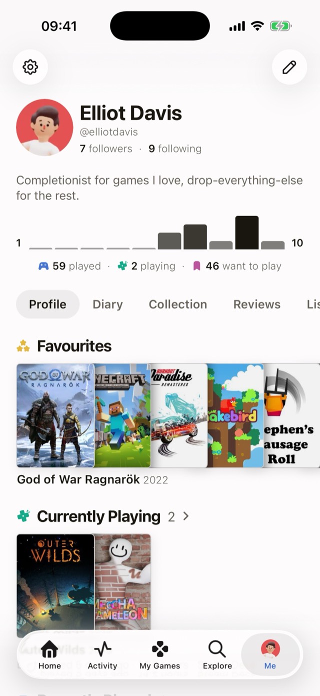 A profile with ratings, favourite games and what is currently playing